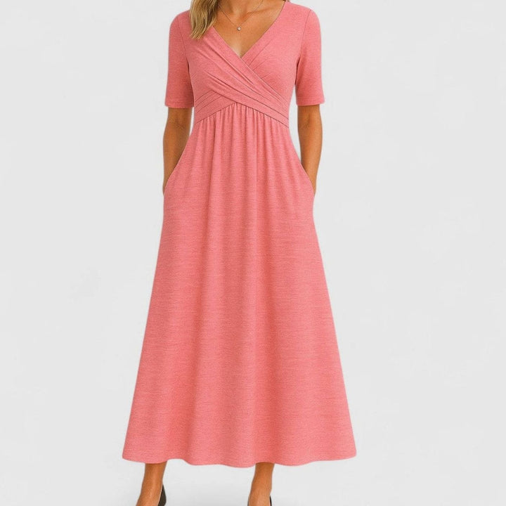 Women's V-Neck Wrap-Front A-Line Midi Summer Dress Pockets - Pink