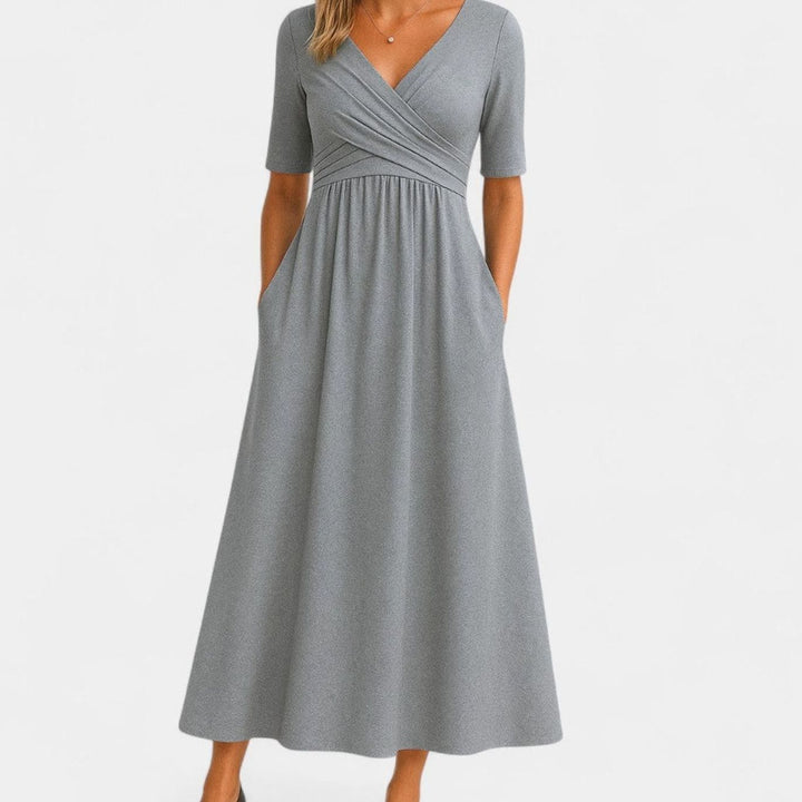 Women's V-Neck Wrap-Front Empire-Waist Midi Dress Pockets - Gray