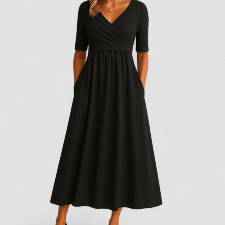 Women's V-Neck Wrap-Front Empire-Waist Midi Dress Pockets - Black