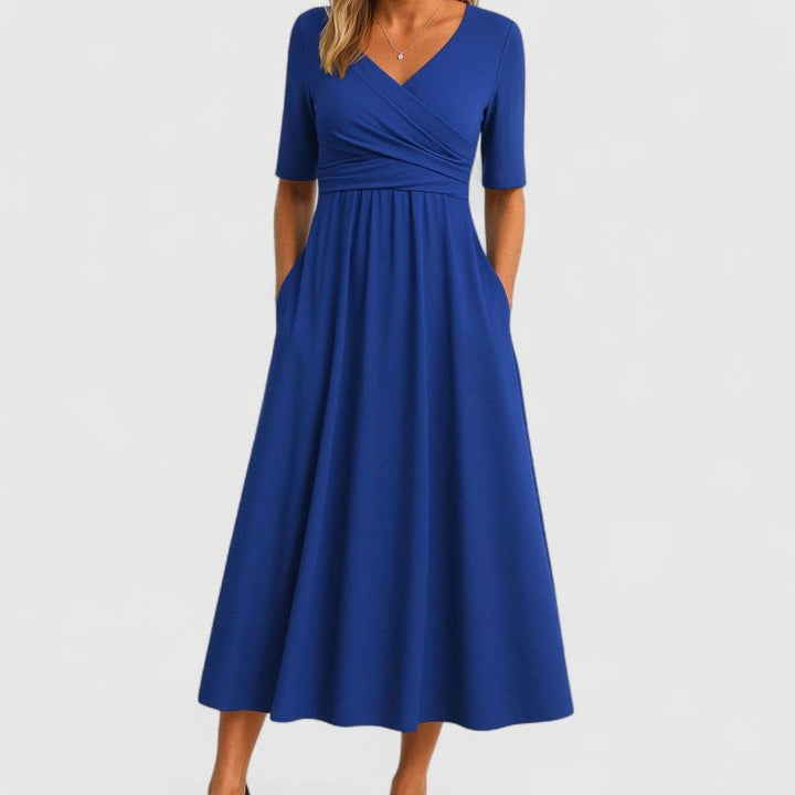 Women's V-Neck Wrap-Front Empire-Waist Midi Dress Pockets - Blue