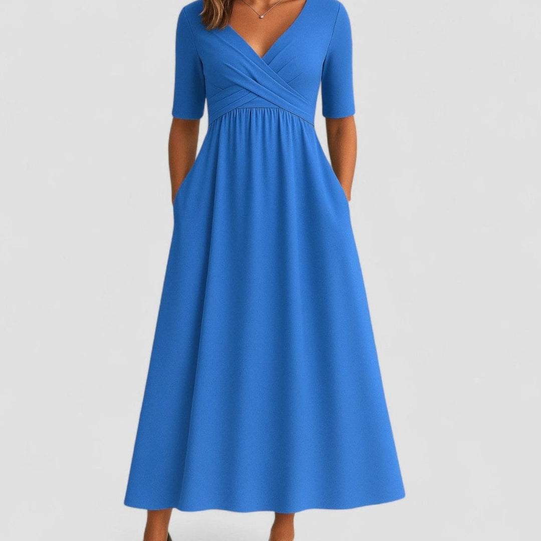 Women's V-Neck Wrap-Front Empire-Waist Midi Dress Pockets - Azure
