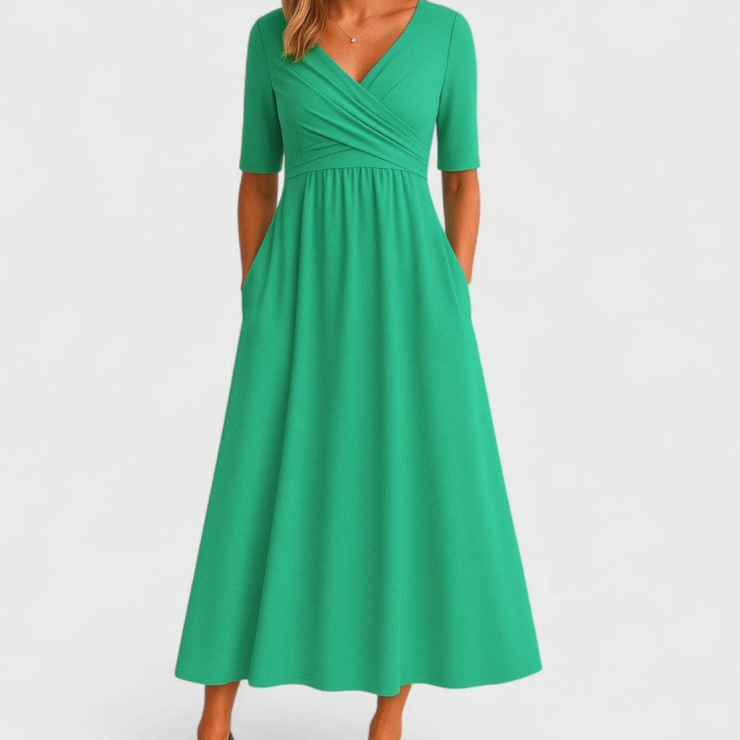 Women's V-Neck Wrap-Front Empire-Waist Midi Dress Pockets - Green