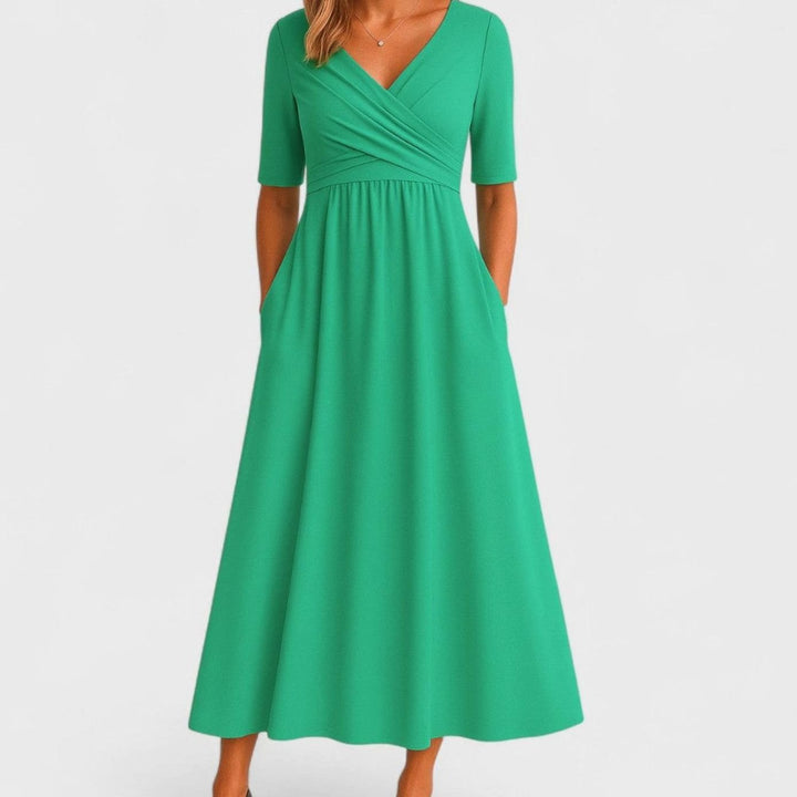 Women's V-Neck Wrap-Front Empire-Waist Midi Dress Pockets - Green