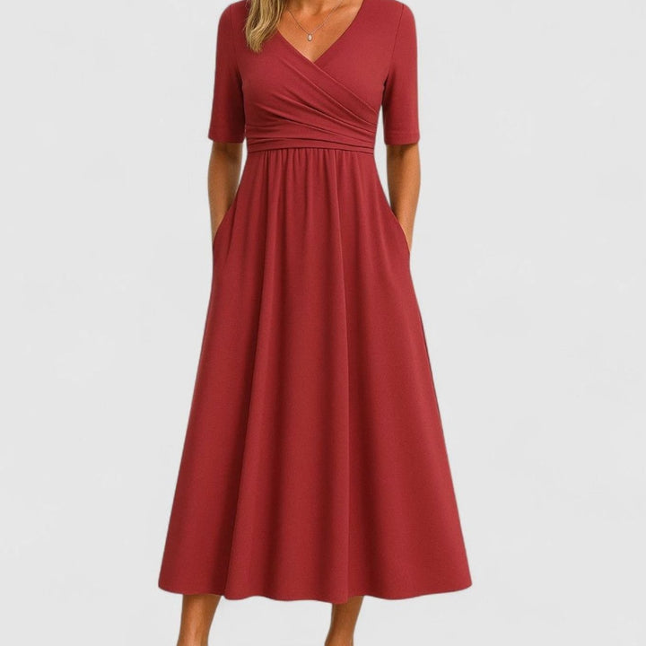 Women's V-Neck Wrap-Front Empire-Waist Midi Dress Pockets - Red