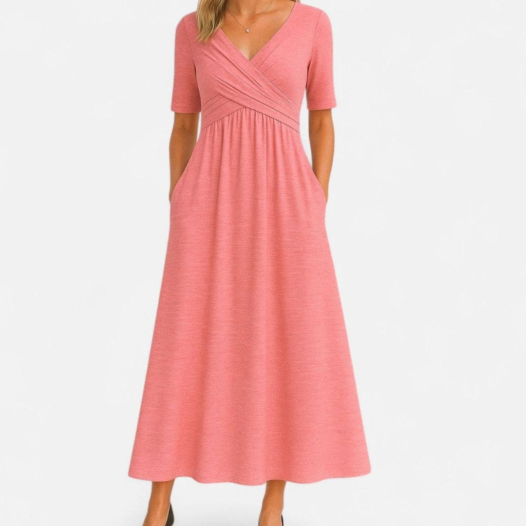 Women's V-Neck Wrap-Front Empire-Waist Midi Dress Pockets - Pink