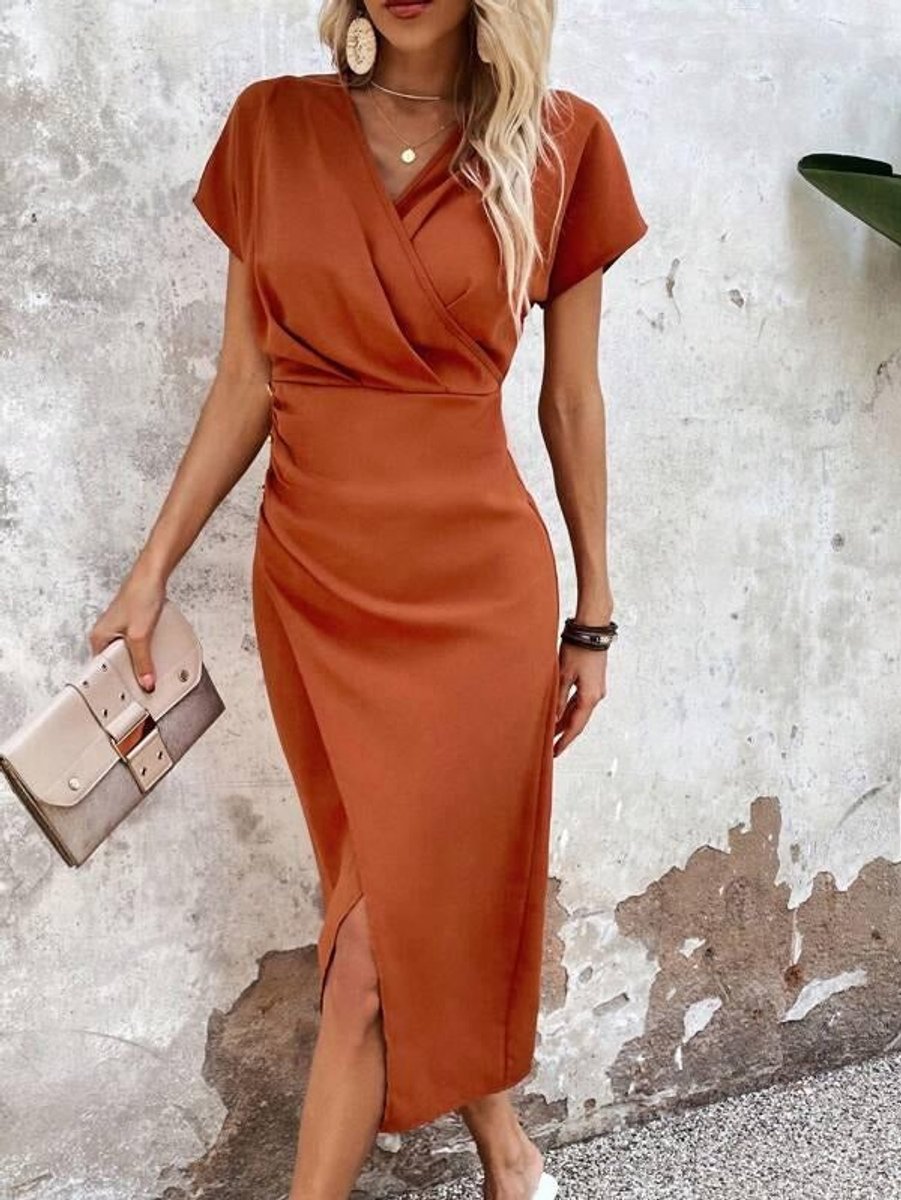 Women's V-Neck Wrap Midi Formal Dress Short Sleeve Side Slit