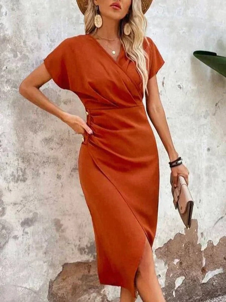 Women's V-Neck Wrap Midi Formal Dress Short Sleeve Side Slit