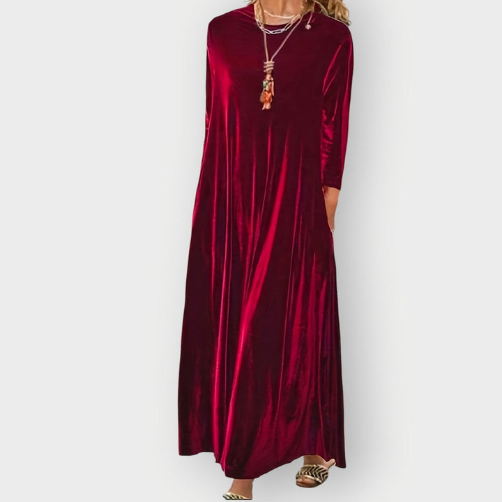 Women's Velvet A-Line Long Sleeve Fall Dress Maxi Evening Gown - Burgundy