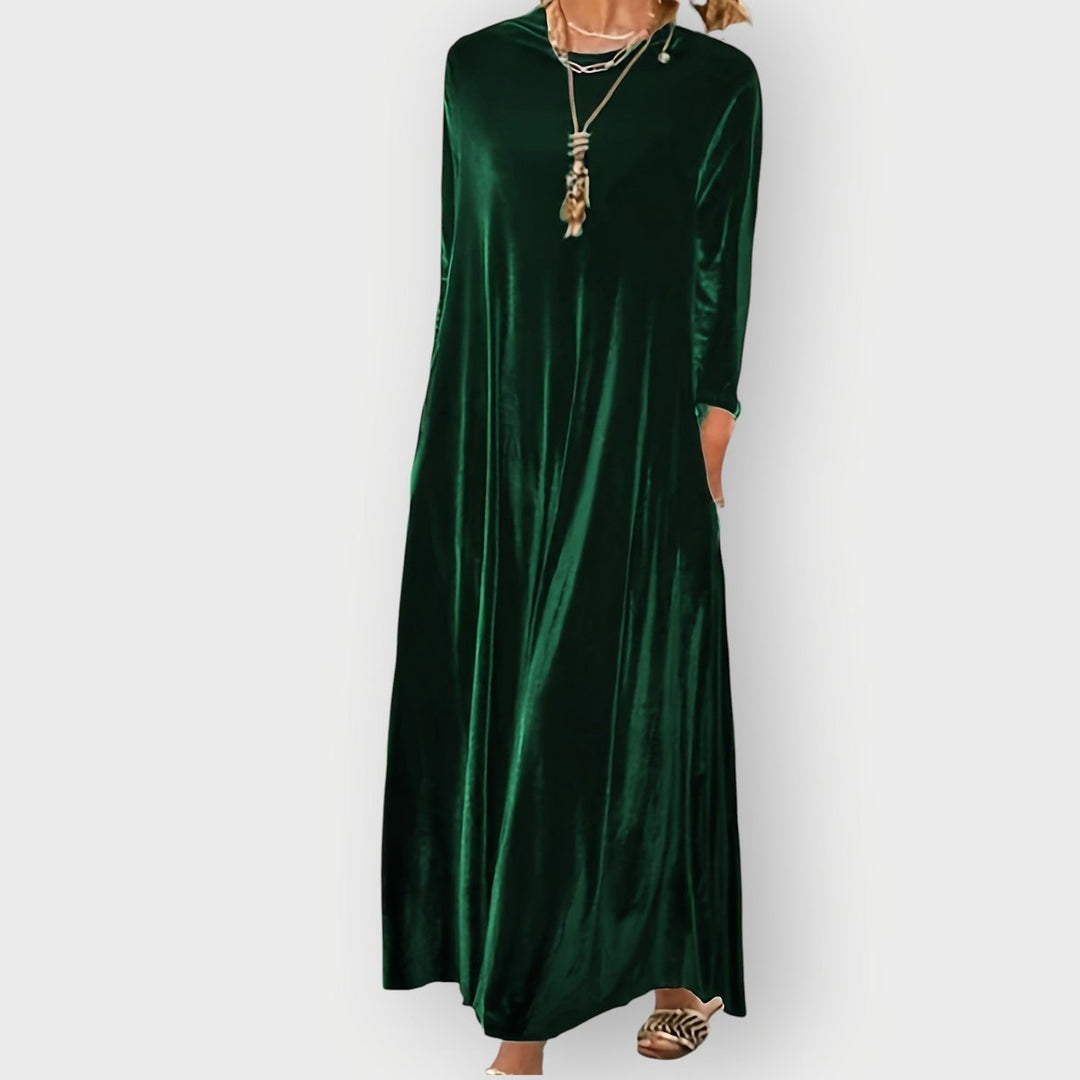 Women's Velvet A-Line Long Sleeve Fall Dress Maxi Evening Gown - Dark Green