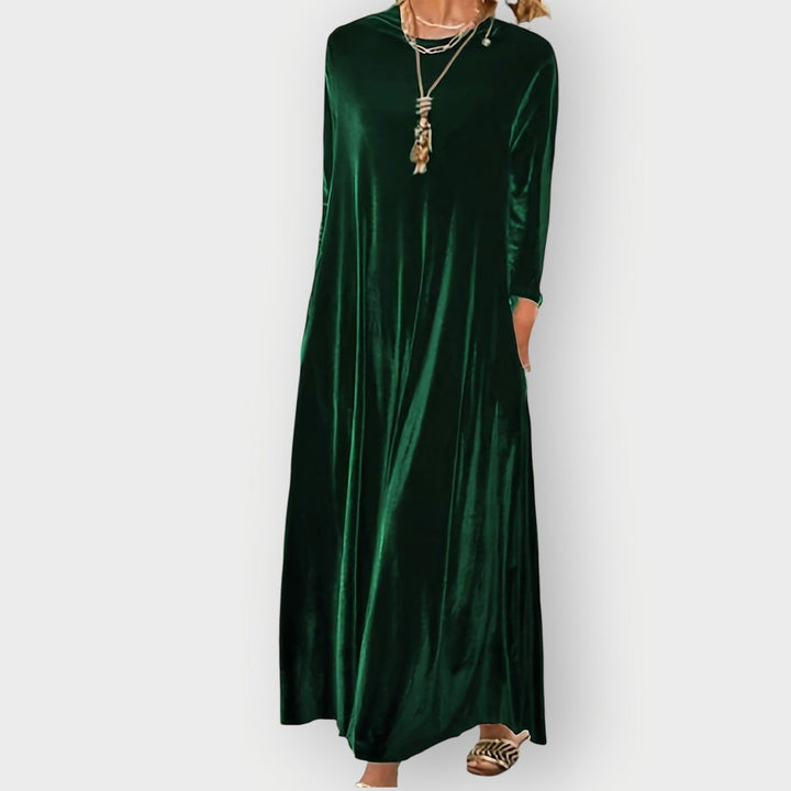 Women's Velvet A-Line Long Sleeve Fall Dress Maxi Evening Gown - Dark Green