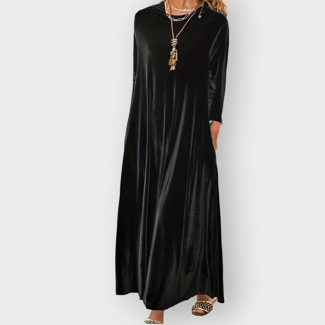 Women's Velvet A-Line Long Sleeve Fall Dress Maxi Evening Gown - Black