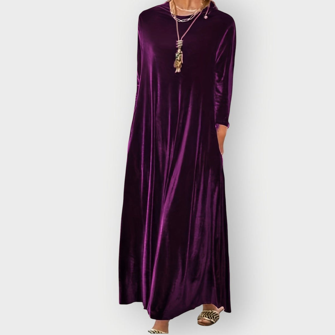 Women's Velvet A-Line Long Sleeve Fall Dress Maxi Evening Gown - Purple