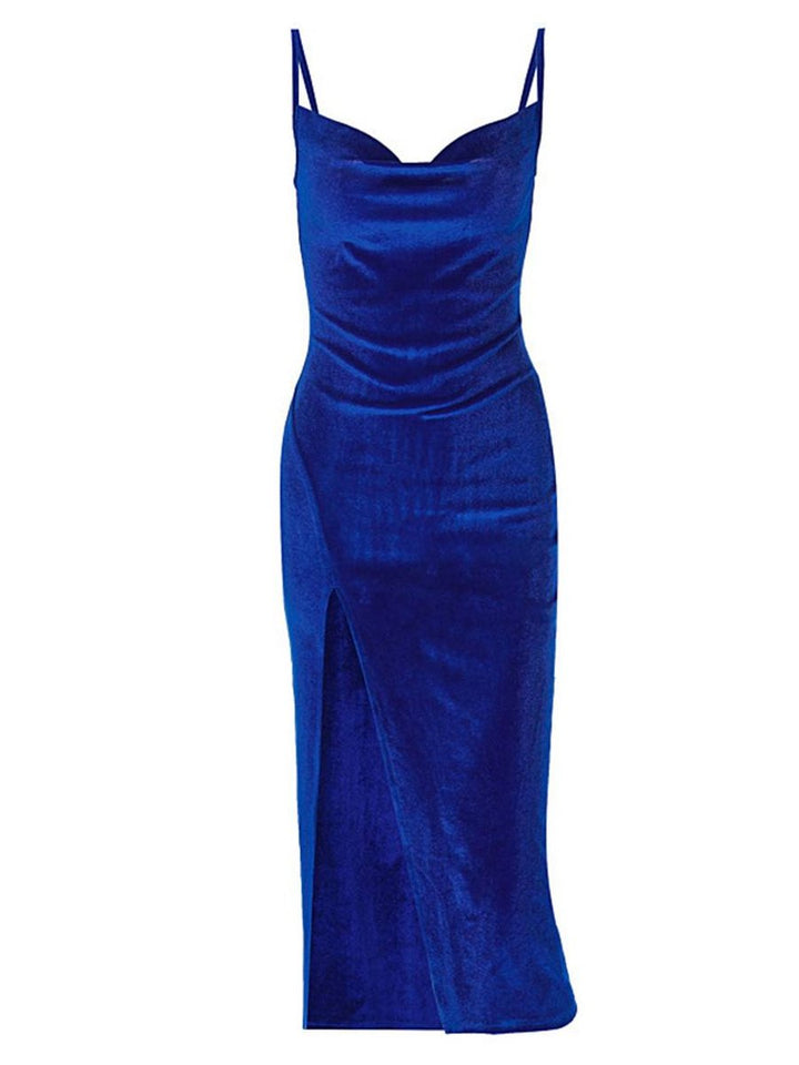 Women's Velvet Bodycon Spaghetti Strap Fall Midi Dress Side Slit
