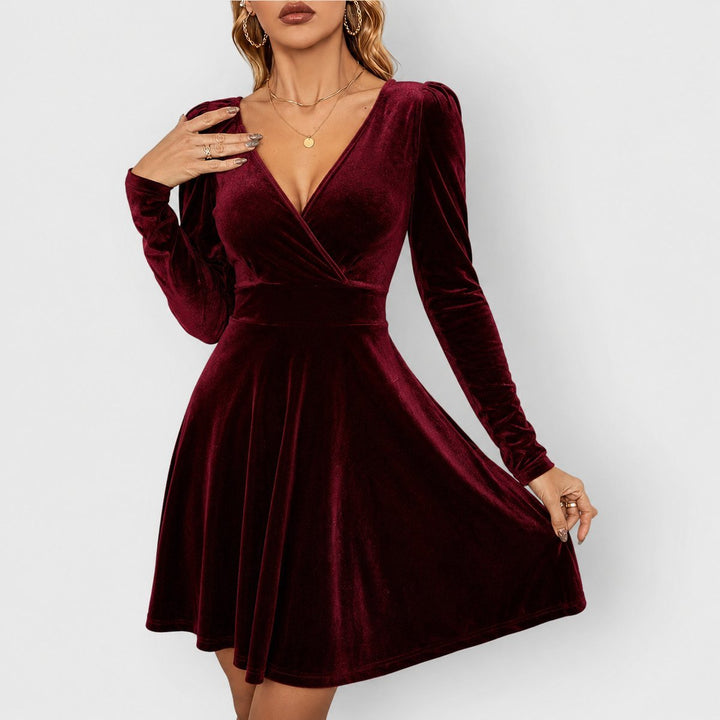 Women's Velvet Deep V-Neck Skater Long Sleeve Fall Dress - Red