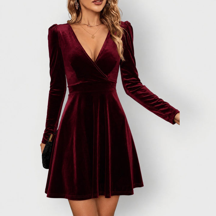 Women's Velvet Deep V-Neck Skater Long Sleeve Fall Dress
