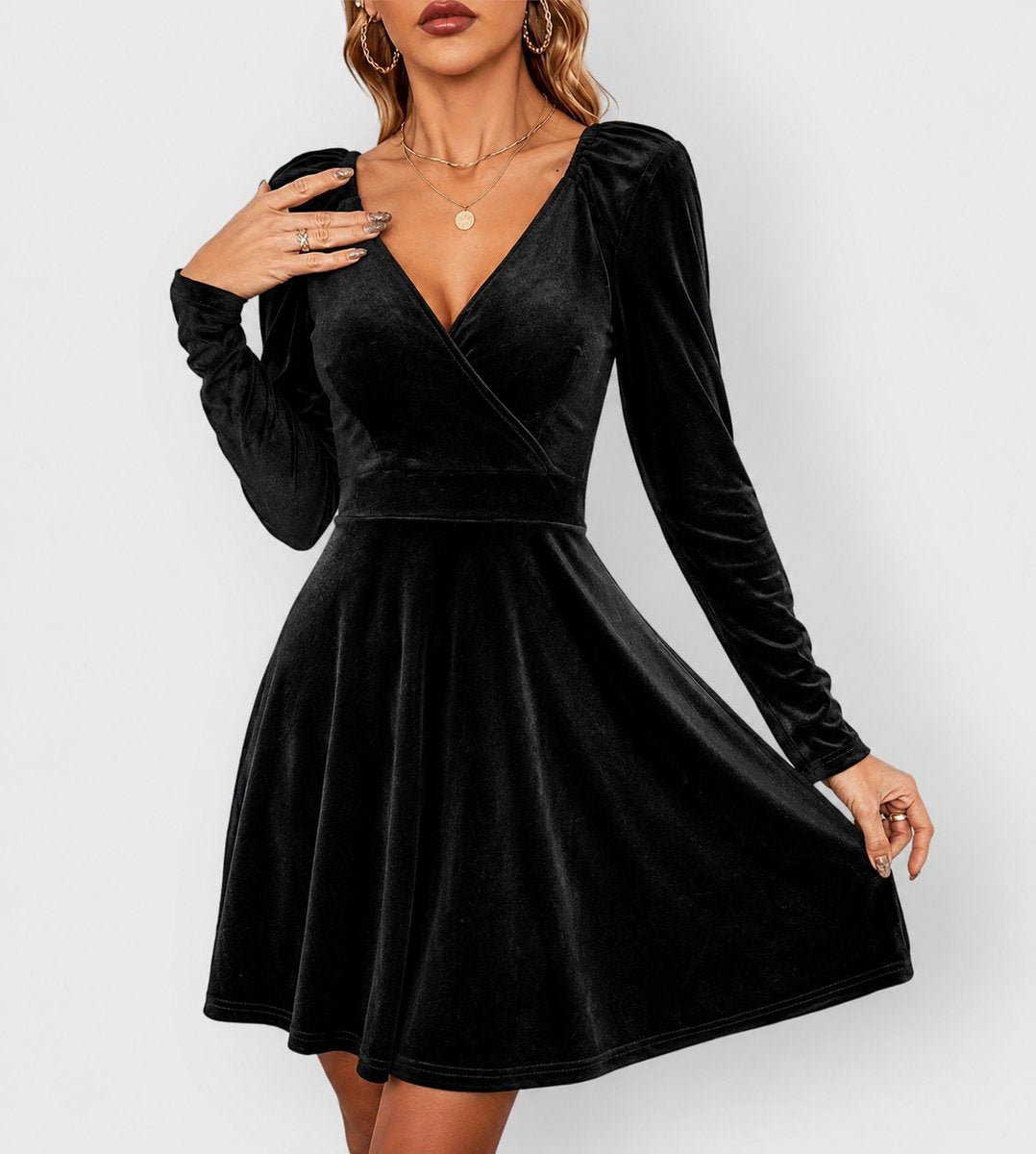 Women's Velvet Deep V-Neck Skater Long Sleeve Fall Dress - Black