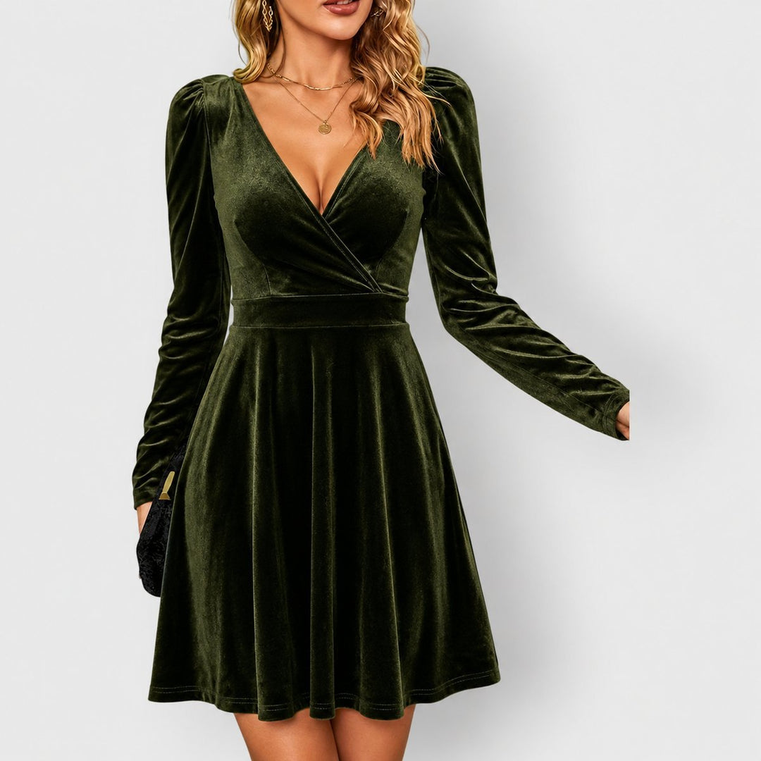 Women's Velvet Deep V-Neck Skater Long Sleeve Fall Dress - Green