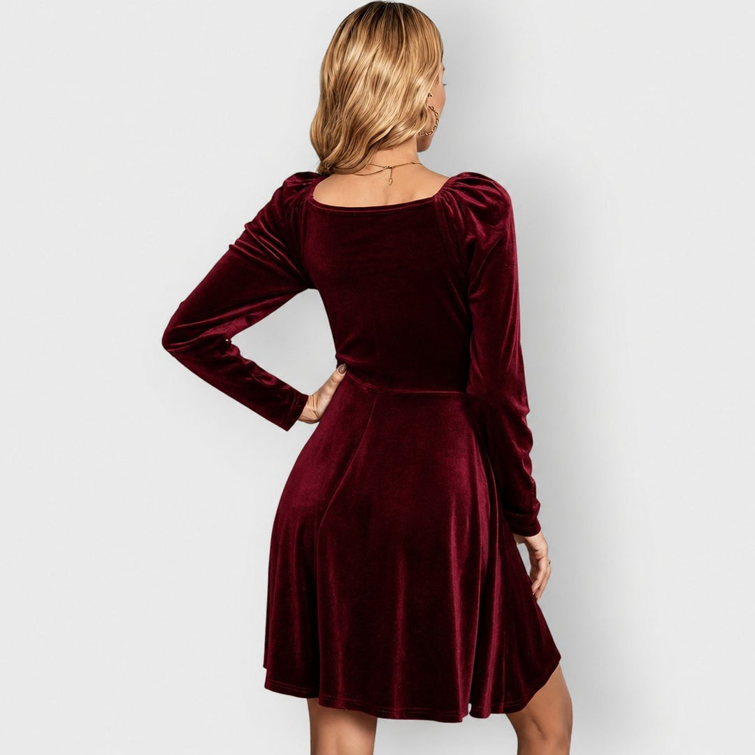Women's Velvet Deep V-Neck Skater Long Sleeve Fall Dress