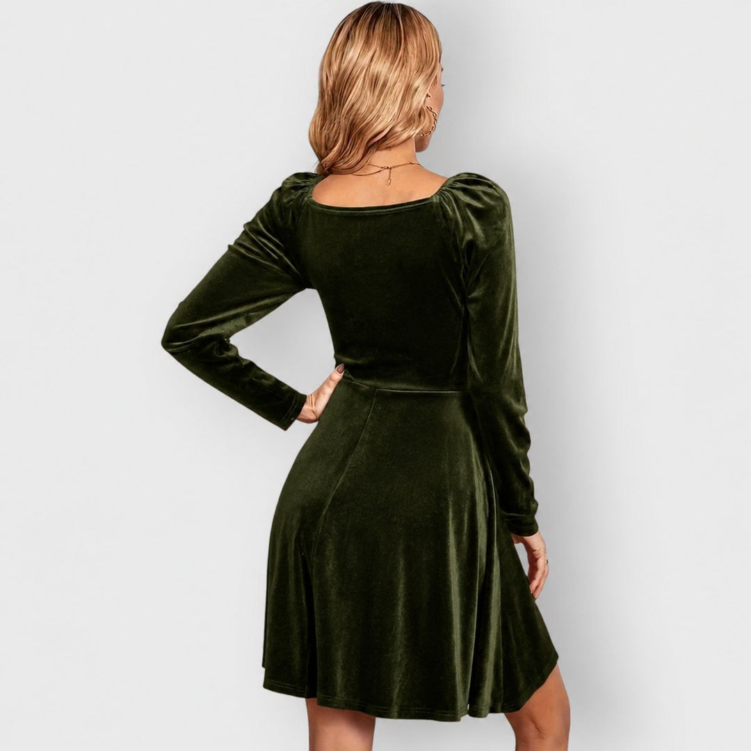 Women's Velvet Deep V-Neck Skater Long Sleeve Fall Dress