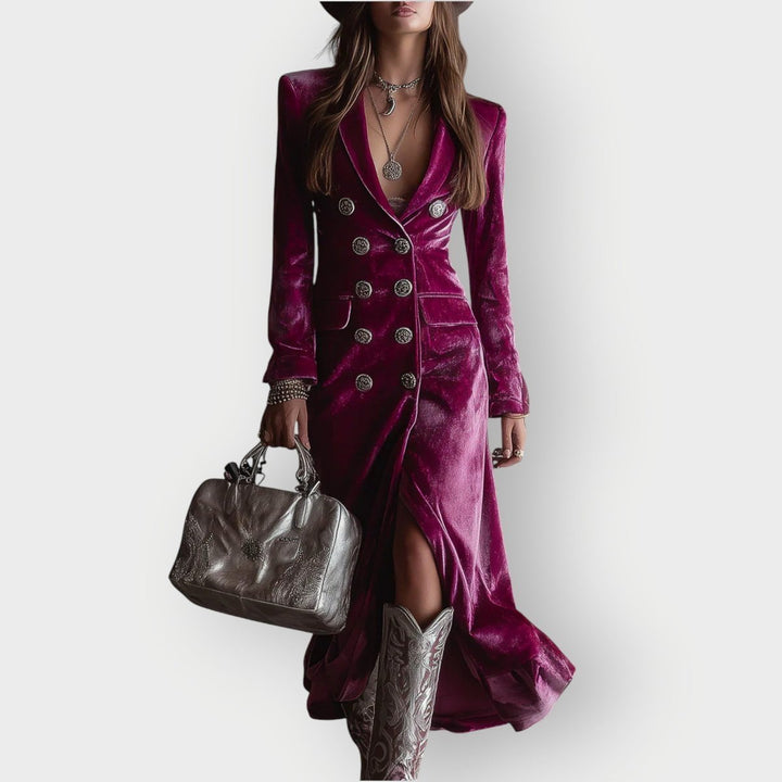 Women's Velvet Double-Breasted Long Sleeve Fall Dress Maxi - Purple