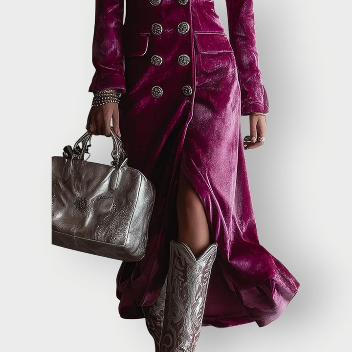 Women's Velvet Double-Breasted Long Sleeve Fall Dress Maxi