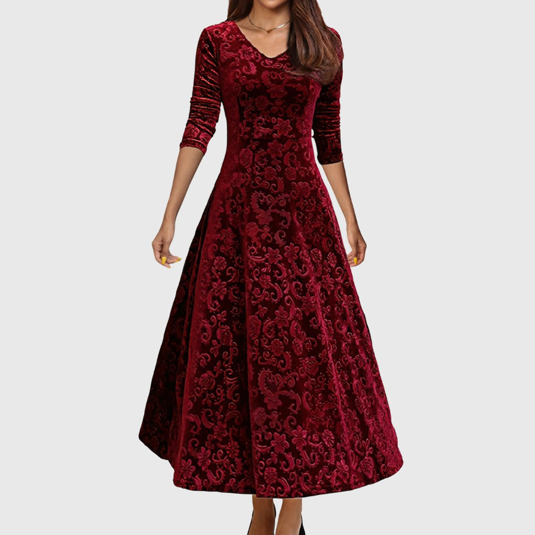 Women's Velvet Embossed Floral A-Line Midi Formal Dress