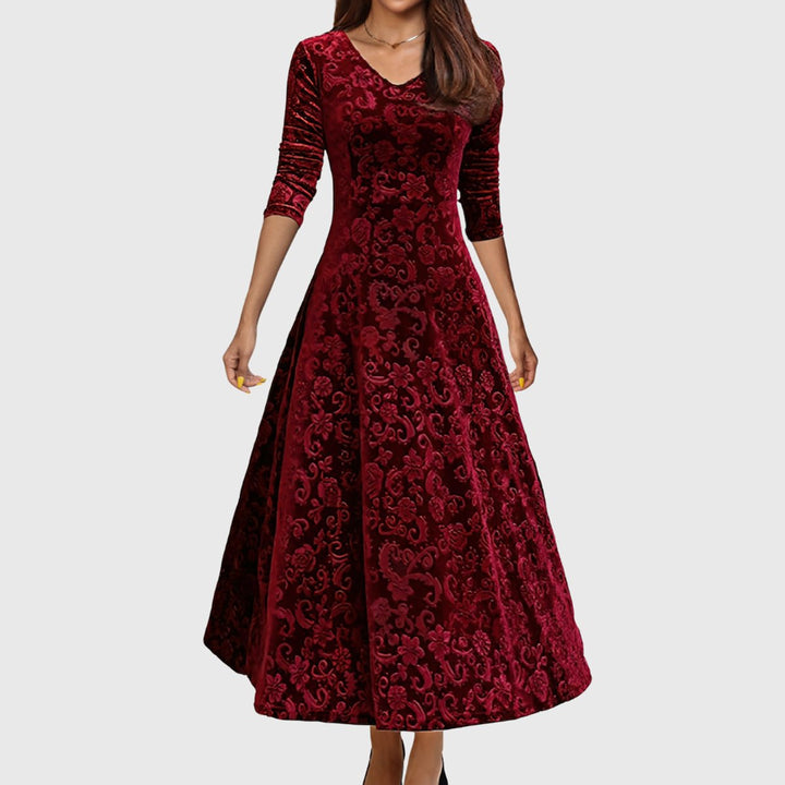 Women's Velvet Embossed Floral A-Line Midi Formal Dress