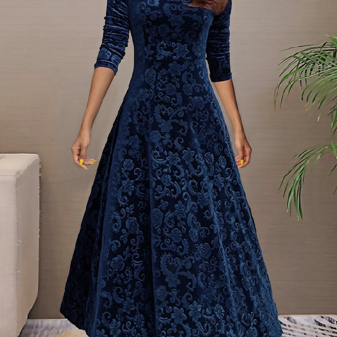 Women's Velvet Embossed Floral A-Line Midi Formal Dress