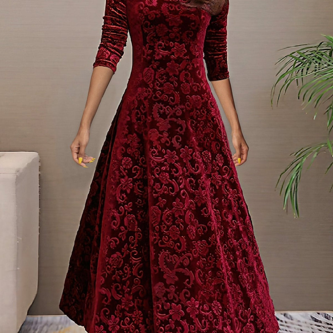 Women's Velvet Embossed Floral A-Line Midi Formal Dress