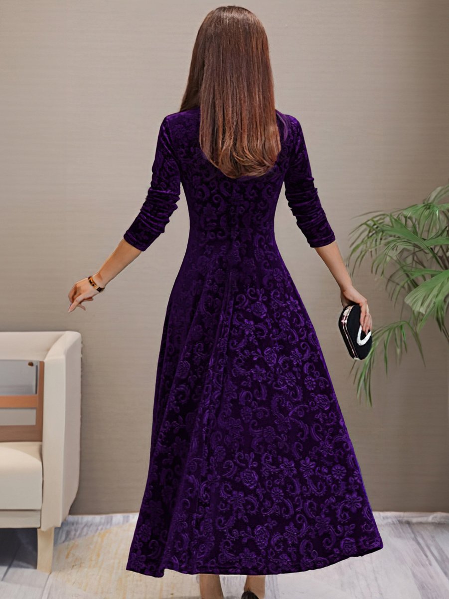 Women's Velvet Embossed Floral A-Line Midi Formal Dress