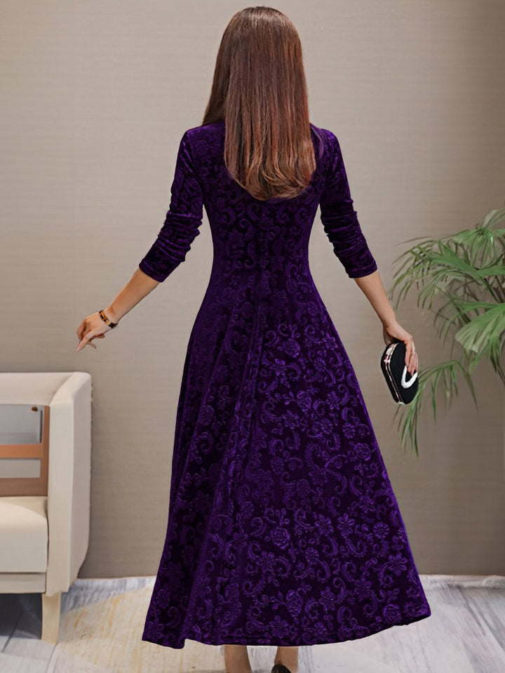 Women's Velvet Embossed Floral A-Line Midi Formal Dress