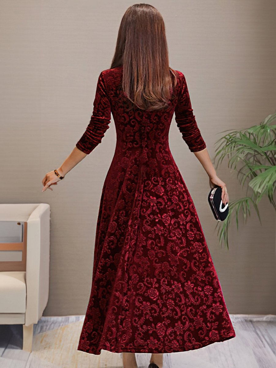 Women's Velvet Embossed Floral A-Line Midi Formal Dress
