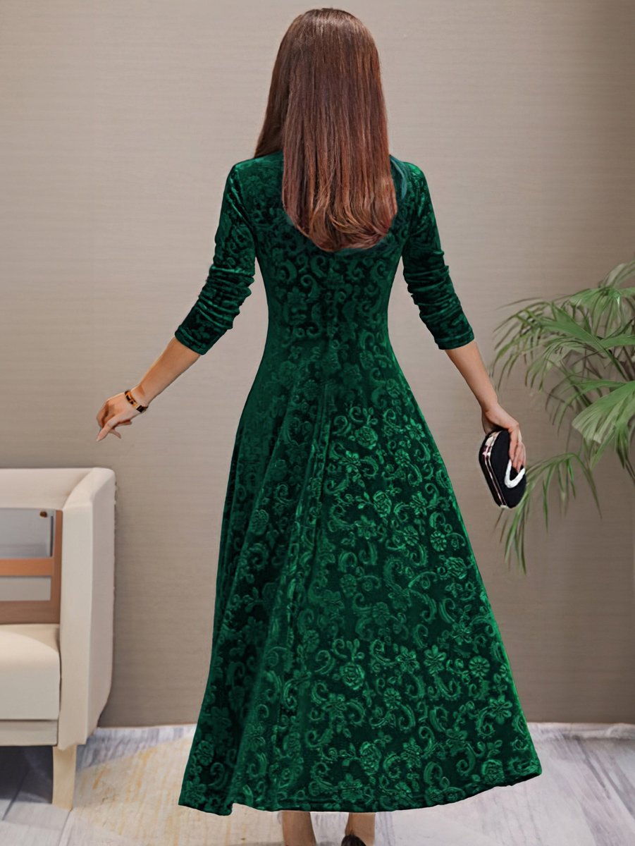 Women's Velvet Embossed Floral A-Line Midi Formal Dress
