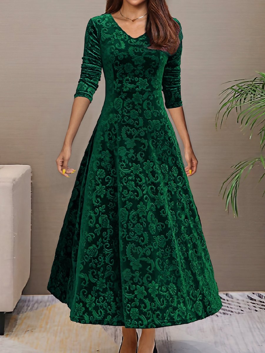 Women's Velvet Embossed Floral A-Line Midi Formal Dress