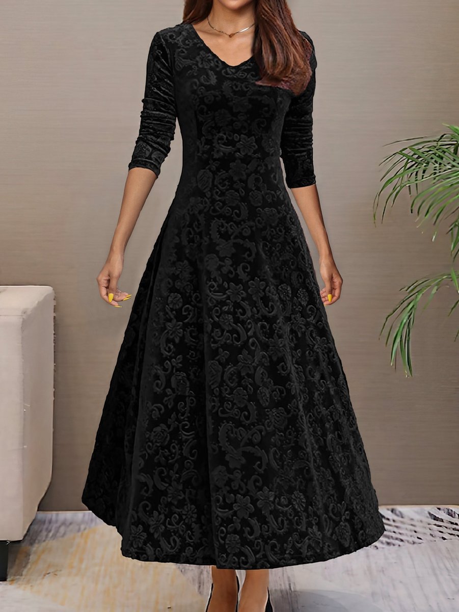 Women's Velvet Embossed Floral A-Line Midi Formal Dress