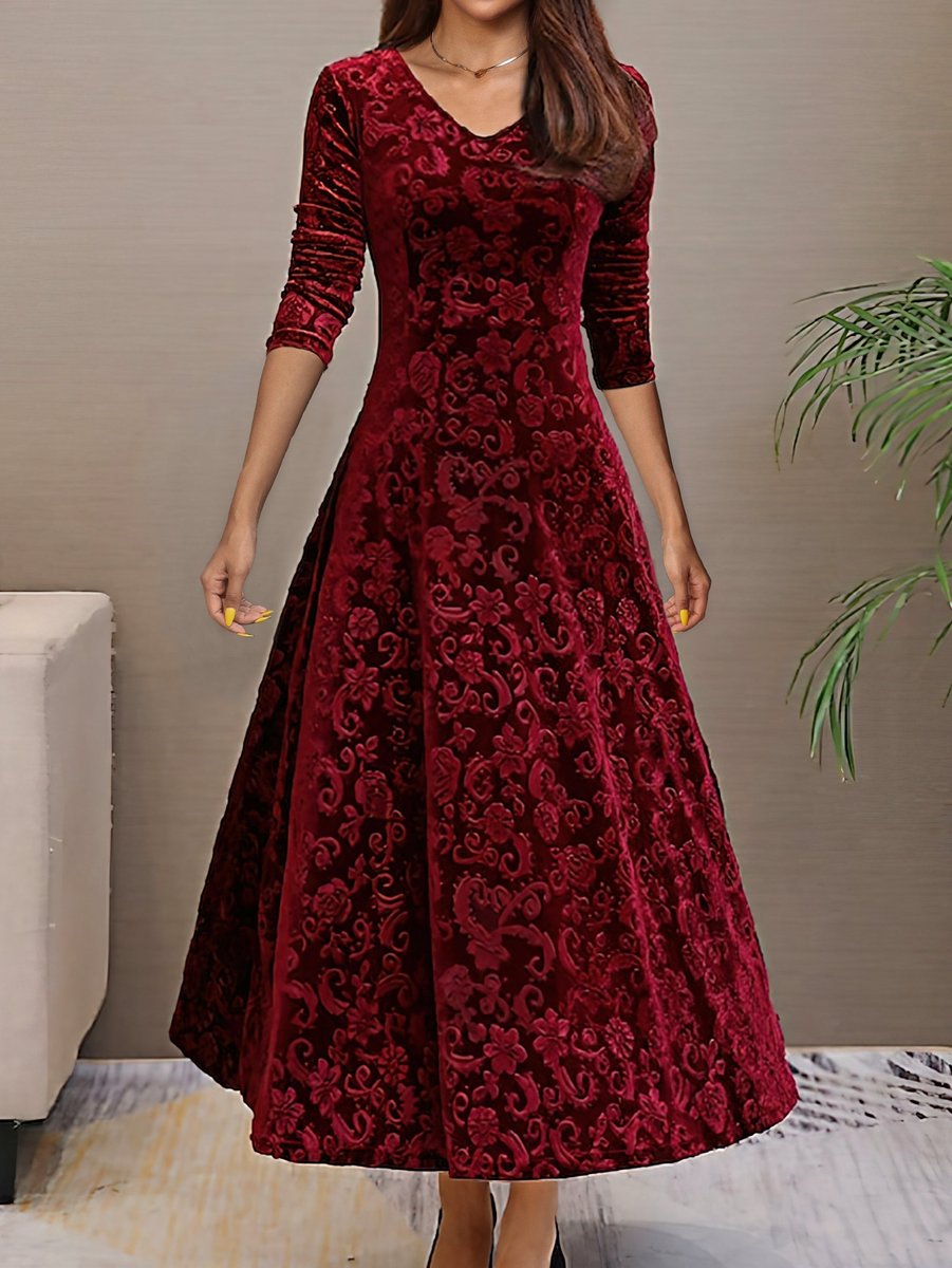 Women's Velvet Embossed Floral A-Line Midi Formal Dress
