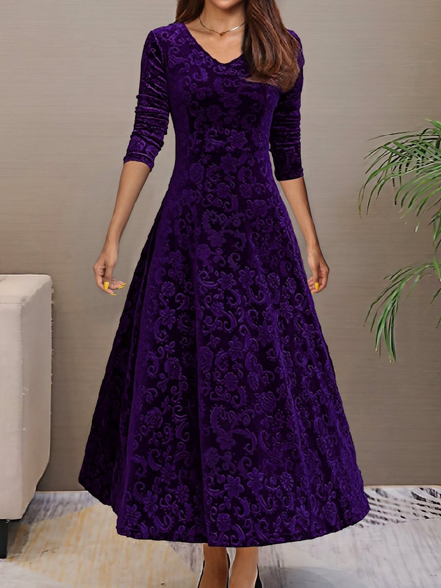 Women's Velvet Embossed Floral A-Line Midi Formal Dress