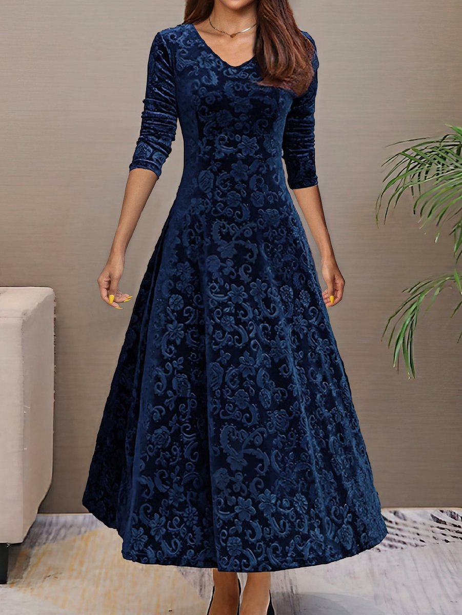 Women's Velvet Embossed Floral A-Line Midi Formal Dress