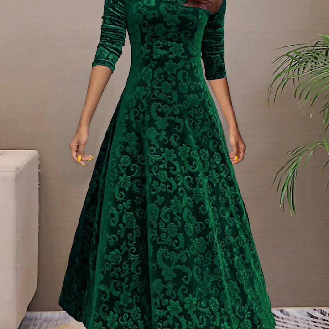 Women's Velvet Embossed Floral A-Line Midi Formal Dress