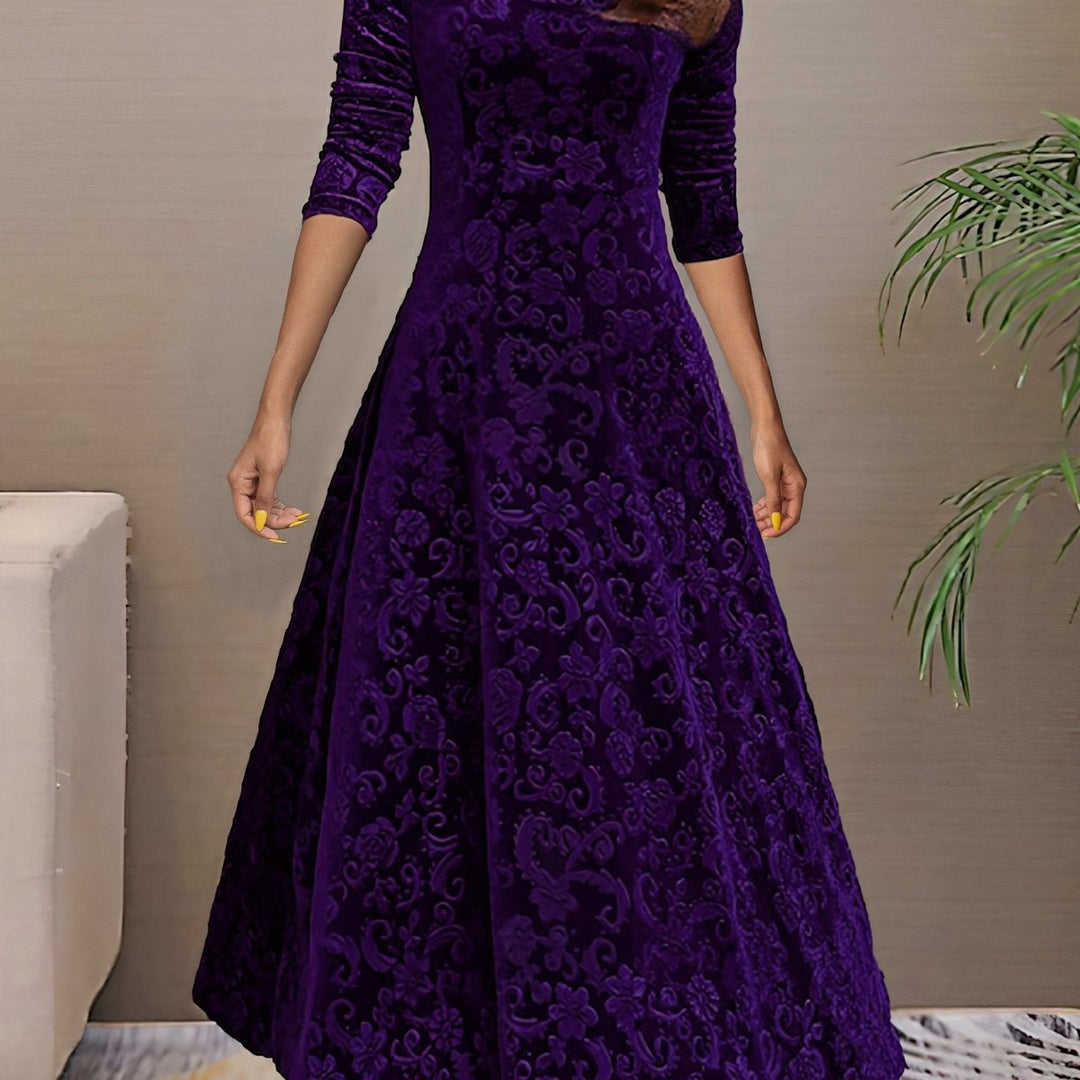 Women's Velvet Embossed Floral A-Line Midi Formal Dress