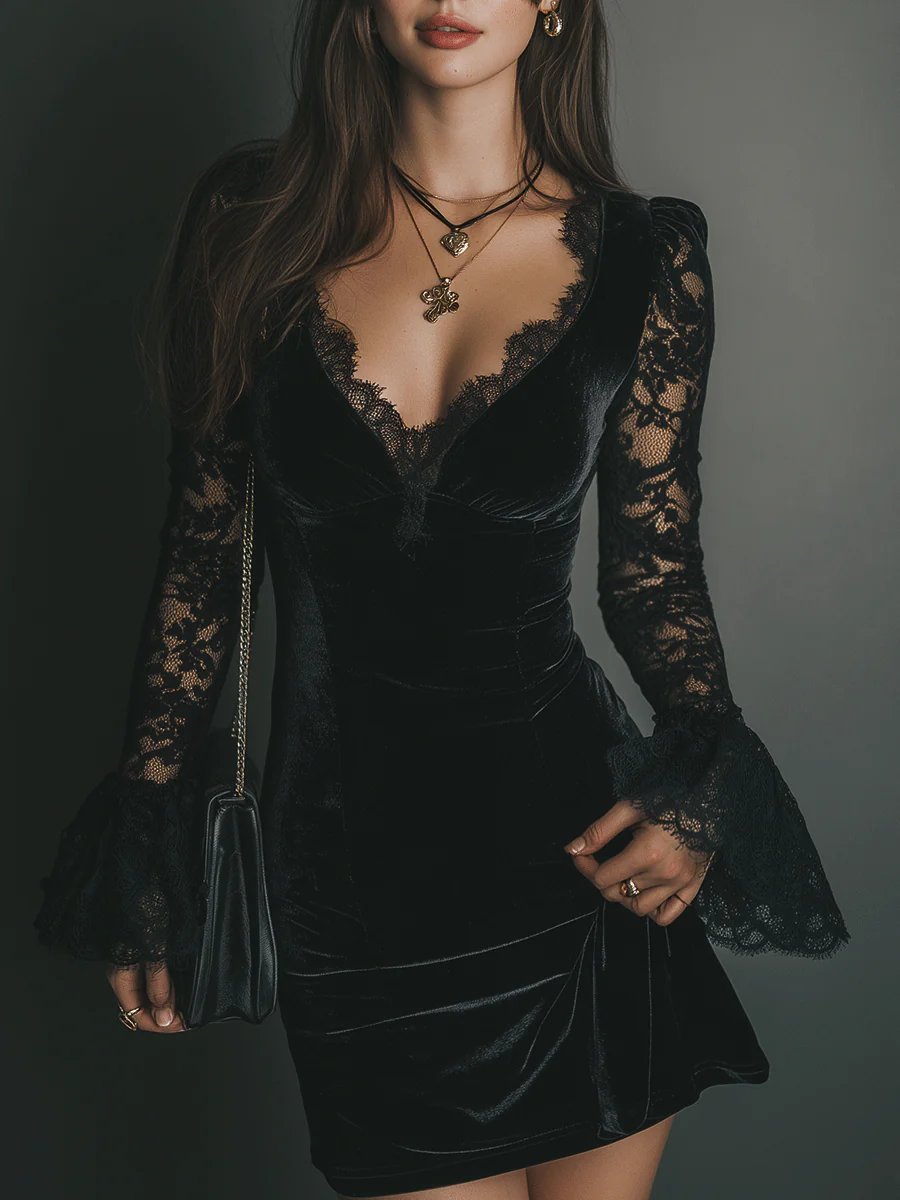 Women's Velvet Lace-Sleeve V-Neck Bodycon Formal Dress