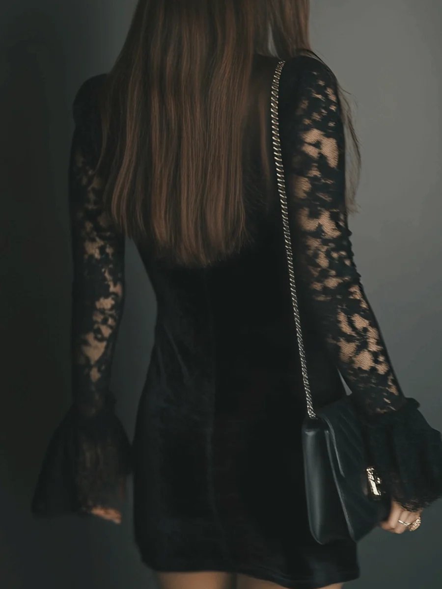 Women's Velvet Lace-Sleeve V-Neck Bodycon Formal Dress