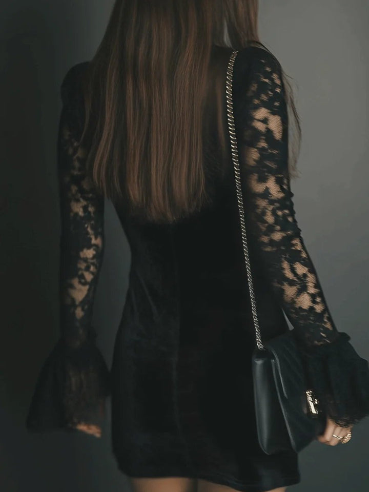 Women's Velvet Lace-Sleeve V-Neck Bodycon Formal Dress