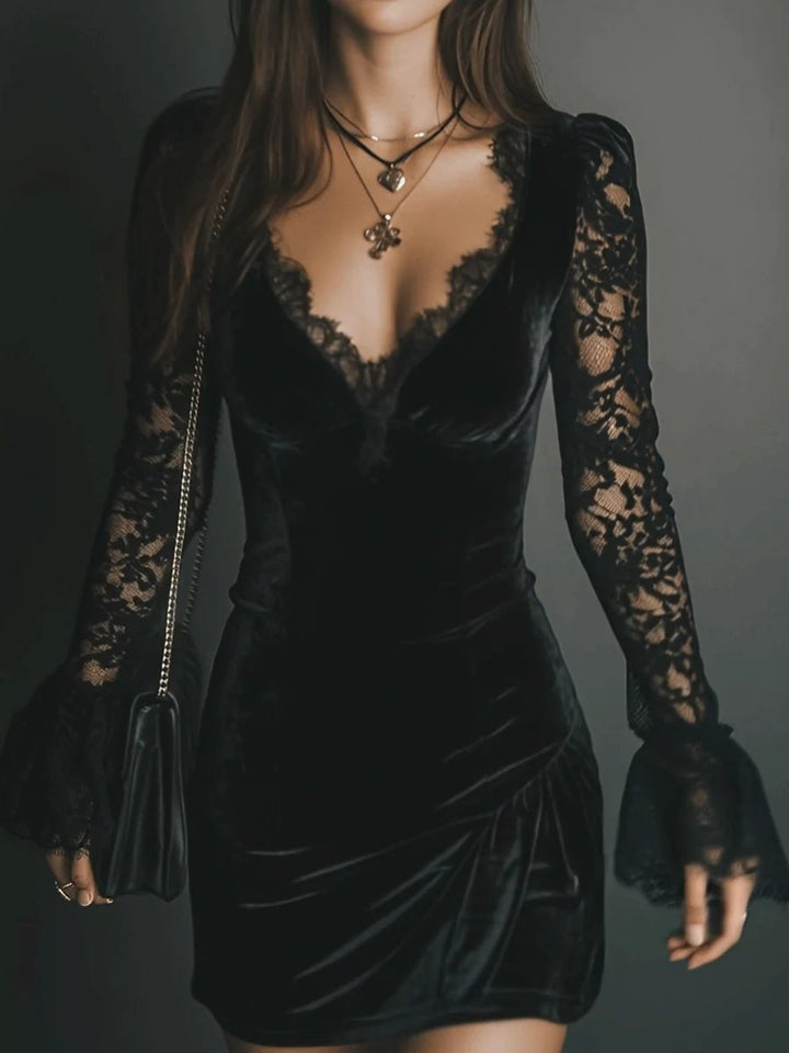 Women's Velvet Lace-Sleeve V-Neck Bodycon Formal Dress