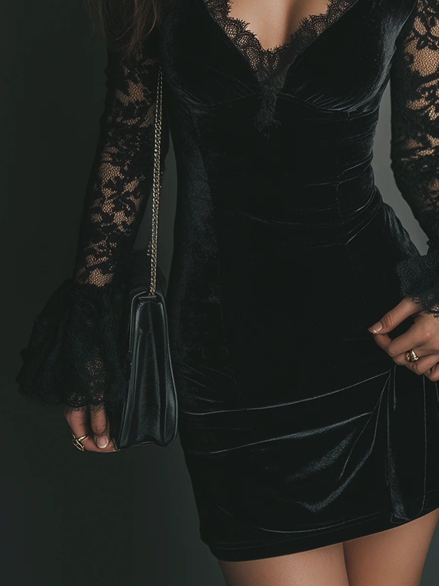 Women's Velvet Lace-Sleeve V-Neck Bodycon Formal Dress