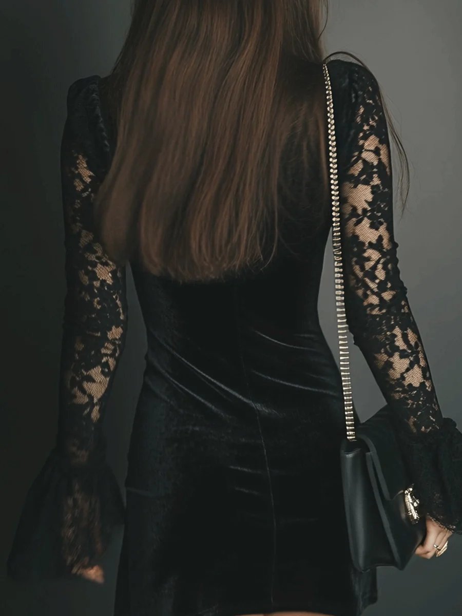 Women's Velvet Lace-Sleeve V-Neck Bodycon Formal Dress