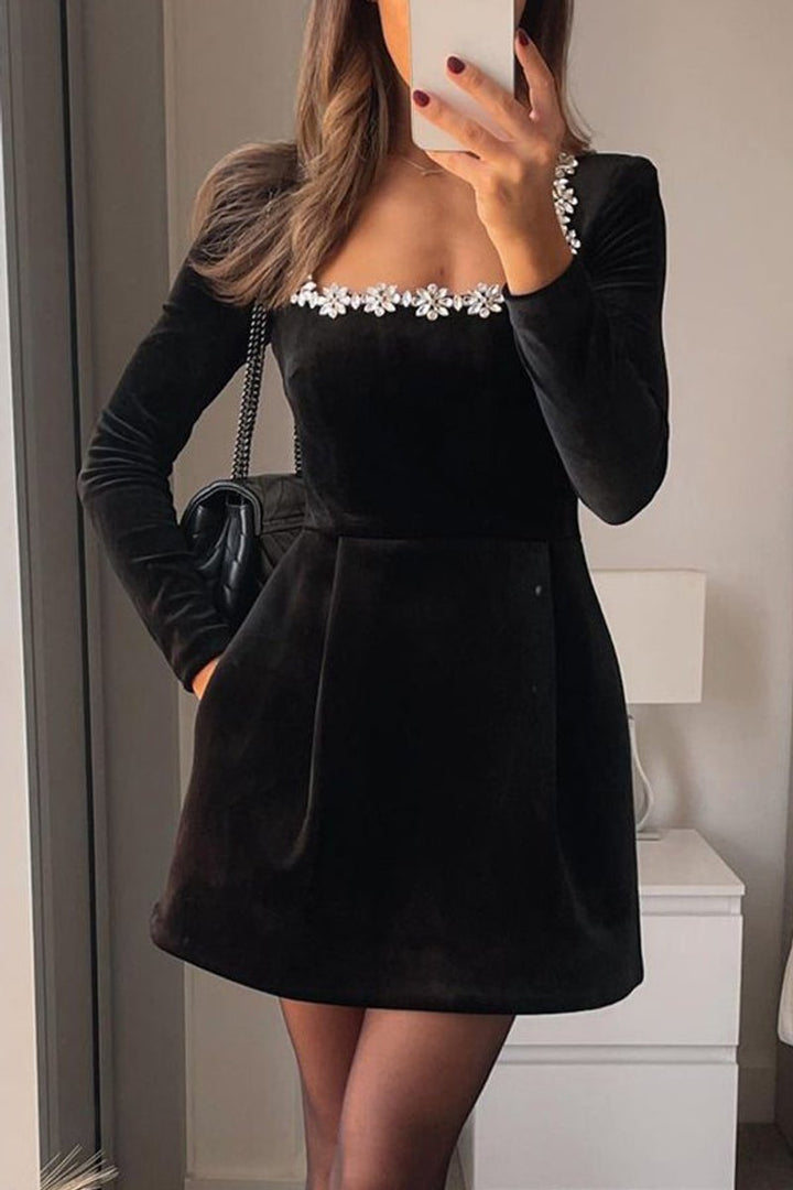 Women's Velvet Long-Sleeve Crystal-Trim Mini Formal Dress