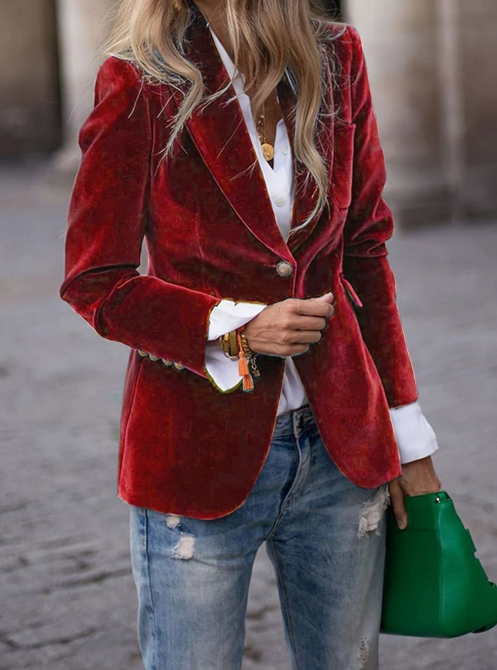 Women's Velvet Single-Button Slim-Fit Casual Blazer - Dark Red