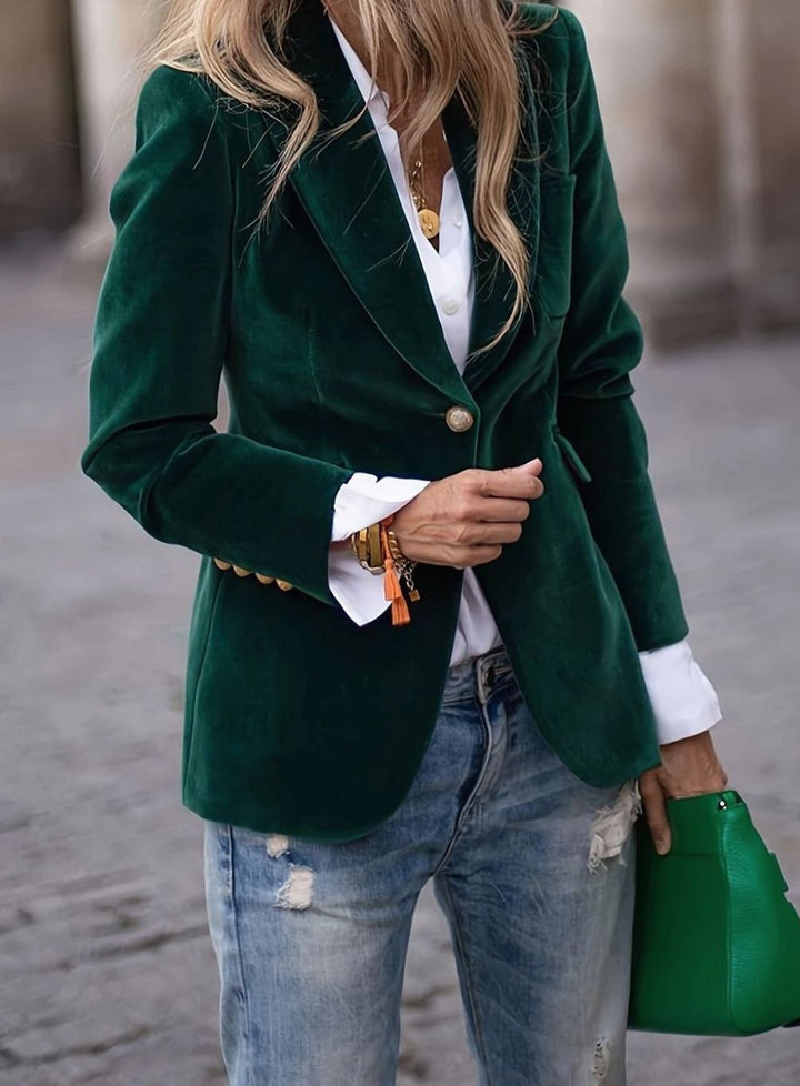 Women's Velvet Single-Button Slim-Fit Casual Blazer - Dark Green