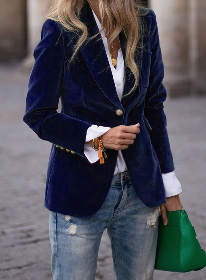 Women's Velvet Single-Button Slim-Fit Casual Blazer - Navy Blue